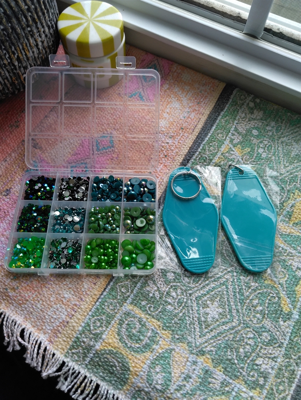 Mixed Green & Teal Rhinestone, Jelly & Pearl Bedazzle KIT  -- DIY Keychain